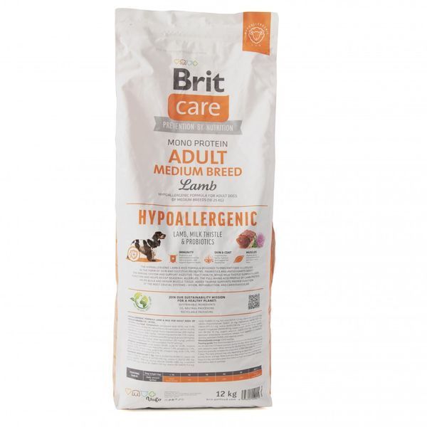 Сухий корм для собак середніх порід Brit Care Dog Hypoallergenic Adult Medium Breed гіпоалергенний з ягням, 12 кг 172216 фото