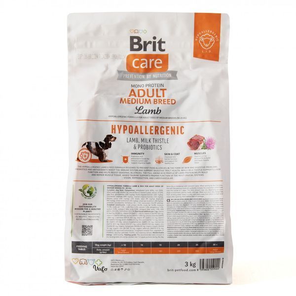 Сухий корм для собак середніх порід Brit Care Dog Hypoallergenic Adult Medium Breed гіпоалергенний з ягням, 3 кг 172215 фото