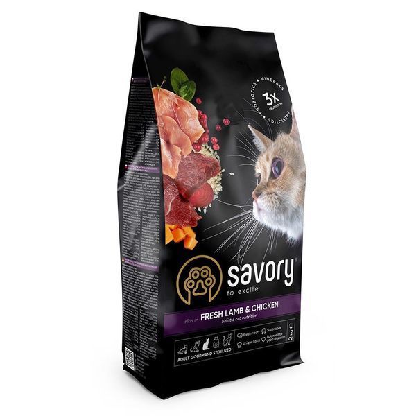 Сухий корм Savory для стерилізованих котів зі свіжим м&rsquo;ясом ягняти та курки, 2 кг 30112 фото