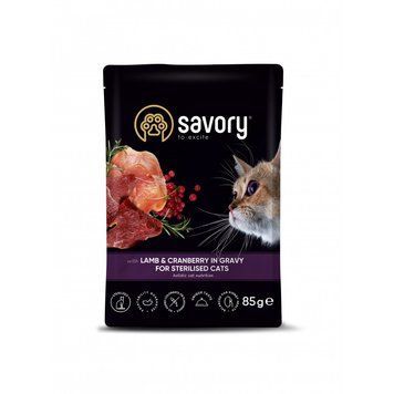 Корм вологий Savory Sterilised Cat Pouch Lamb and Cranberry in Gravy для стерилізованих котів з ягням та журавлиною у соусі 20093 фото