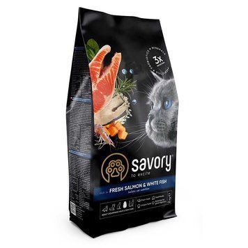 Сухой корм Savory для длинношерстных кошек со свежим лососем и белой рыбой, 2 кг 30020 фото