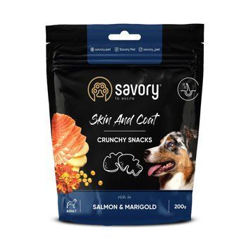 Хрусткі ласощі Savory для здоров'я шкіри та шерсті собак, лосось та чорнобривці 200г 31355 фото