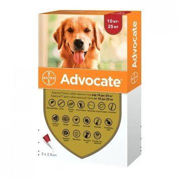 Краплі на холку для собак Elanco Bayer Advocate від 10 до 25 кг, 1 шт 4007221037415 фото