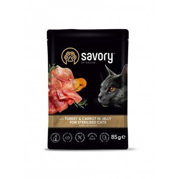 Корм вологий Savory Sterilised Cat Pouch Turkey and Carrot in Jelly для стерилізованих котів з індичкою та морквою у желе 85 20109 фото
