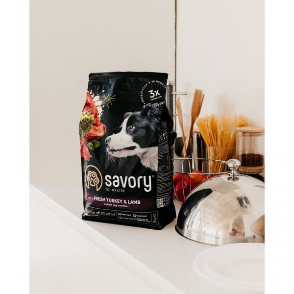 Сухий корм Savory для собак середніх порід зі свіжим м&rsquo;ясом індички і ягняти, 1 кг 30259 фото