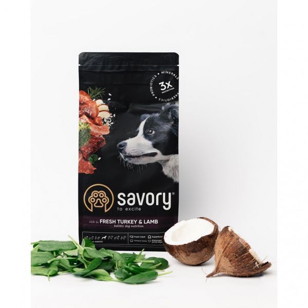 Сухий корм Savory для собак середніх порід зі свіжим м&rsquo;ясом індички і ягняти, 1 кг 30259 фото