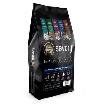 Сухий корм Savory для довгошерстих котів зі свіжим лососем і білою рибою, 8 кг 30037 фото