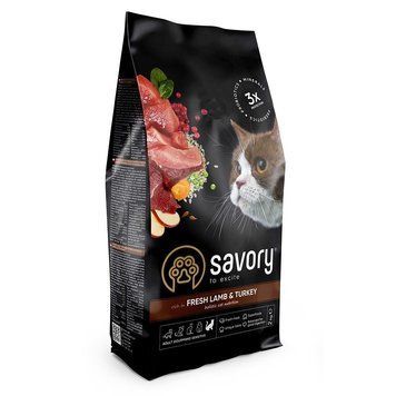 Сухой корм Savory для кошек с чувствительным пищеварением со свежим мясом ягненка и индейки, 2 кг 30082 фото