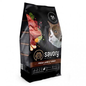 Сухий корм Savory для котів з чутливим травленням зі свіжим м&rsquo;ясом ягняти та індички, 400 г 30075 фото